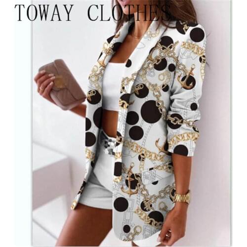 Chain Print Shawl Collar Open Front Flap Detail Blazer Elegant Work Solid Color Coat For Pre-Fall Women 2021