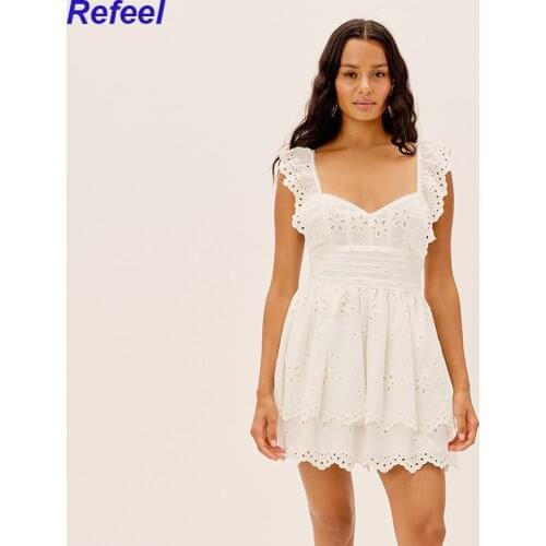 Sexy Hollow Embroidery White Dress Halter Cross Lace Sling Cotton Mini Dress Summer Ruffle Sleeveless Beach Party Casual