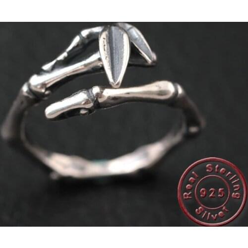 Amxiu Vintage Antique Silver Rings 925 Sterling Silver Bamboo Leaves Ring For Women Girls Party Accessories Open Rings Jewelry