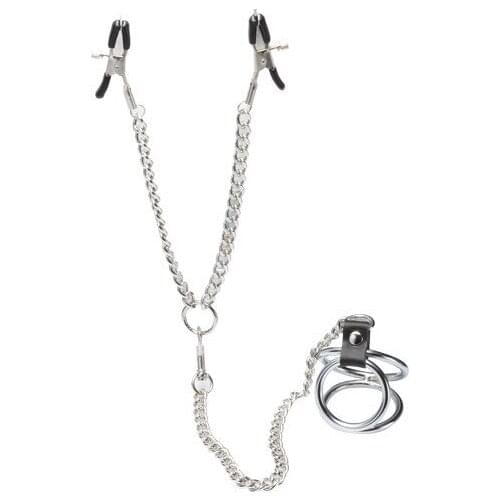 2 in 1 Metal Penis Ring&nipple Clamps With Adjustable Chain Length,Breast Clip and Massager,Cock Ring,Adult Game,H-632