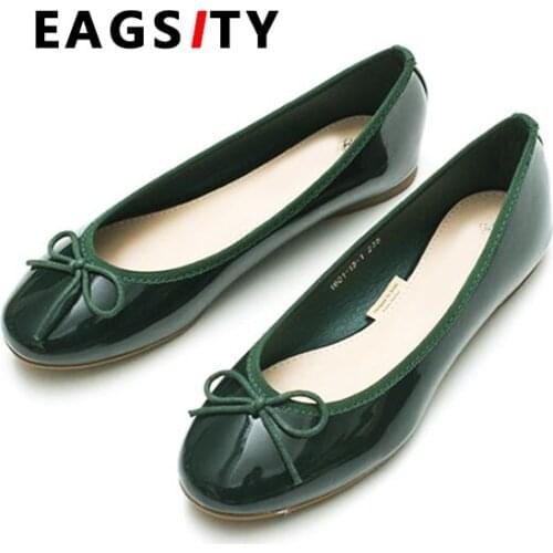 Patent leather women ballet flats dancing party office career slip on shoes round toe comfy soft outsole bowtie green