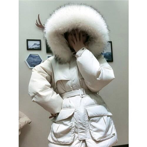 White Down Coat Winter Woman 2020 Fashion New Hooded Fur Collar Warm Thicken Cotton Clothing Casual Parkas Belt Overcoat f1401