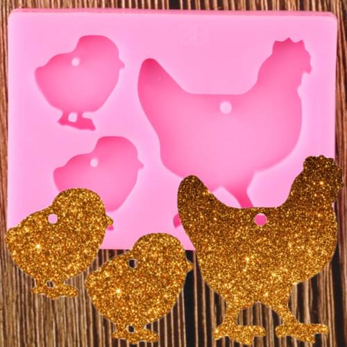 Shiny Chicken Family Keychain Silicone Mold DIY Epoxy Resin Molds Key Chain Pendant Clay Moulds