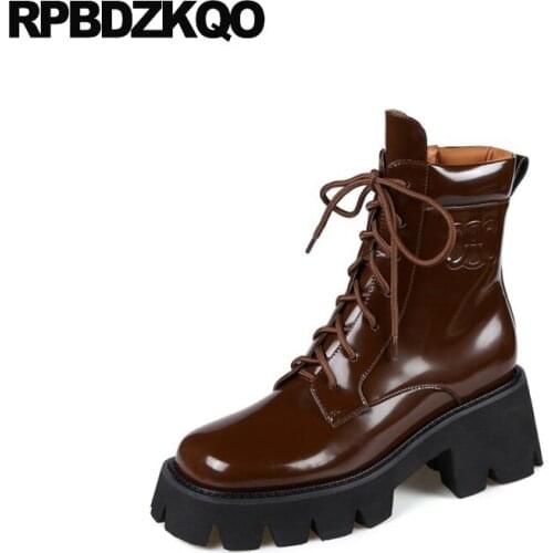 Ankle Chunky Martin Platform Square Toe Brown Boots Designer Shoes Women Luxury 2021 Patent Leather High Heel Combat Military