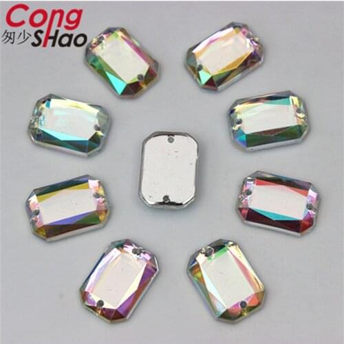 Cong Shao 8*10/10/14/13*18mm Clear AB Crystals Octagon Acrylic Rhinestone stones flatback sewing 2 Hole Clothes Decoration YB699