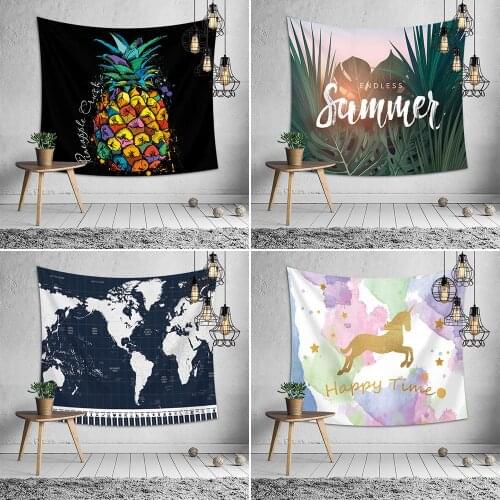 Fresh Plants Tapestry Wall Hanging Pad Pineapple Gold Letters Orange Banana Leaf Pink Wave Decoration Carpet Yoga Mat for Home