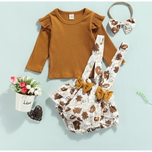 3Pcs Little Girls Outfit, Sweet Style Solid Color Long Sleeve Round Collar Tops + Floral Printing Suspender Shorts + Headwear