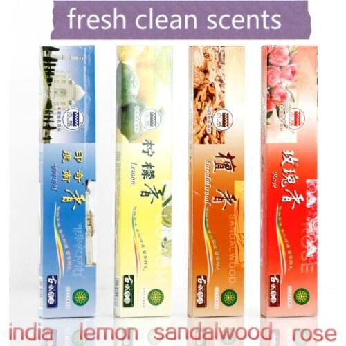 Buy 4 get 1 free.Fresh clean india,lemon,sandalwood,rose.4 scents 1 lot,bamboo incense sticks.24cm20pcs1box.Lovely perfume gift