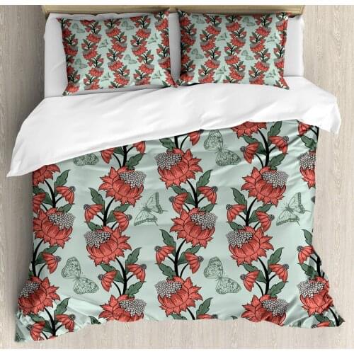 Floral Duvet Cover Set Layout of Flower and Butterfly Silhouettes 3 Piece Bedding Set Reseda Green Pale Taupe Dark Salmon