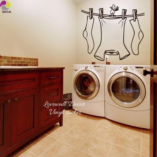Laundry Room Sign Wall Sticker Cute Clothes Line With Bird Wall Decal Laundry Room Cut Vinyl Home Decoration Wall Art Mural DIY