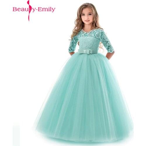 Beauty Emily New O Neck Half Sleeve Flower Girl Dress 2019 Princess Ball Gown Lace Wedding Party Dresses Many Colors Available