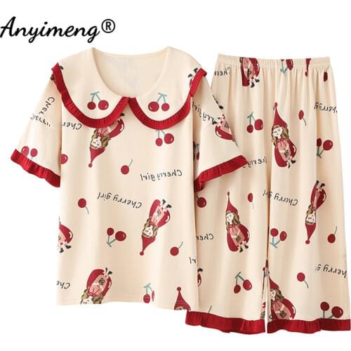 Plus Size Women Pajamas Chic Lapel Cherry Printing Cotton Sleepwear Kawaii Youth Ladies Loungewear 5xl Two Piece Pijamas Summer