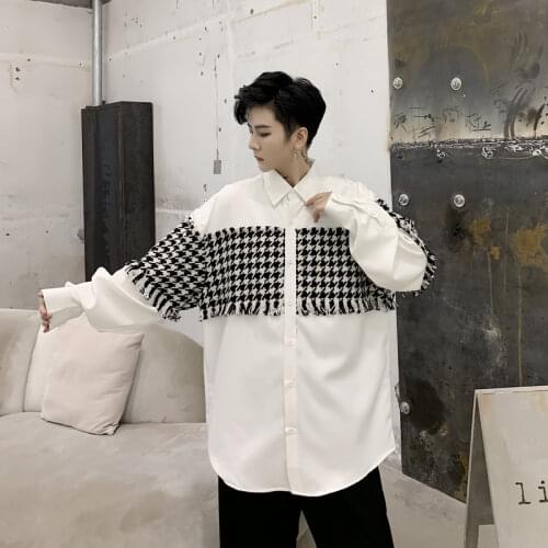 Men Vintage Fashion Plaid Splice Loose Casual Long Sleeve Shirt Male Streetwear Hip Hop Party Dress Shirt Coat