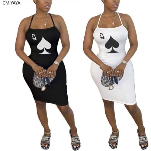 CM.YAYA Women Black Queen Poker Card Print Halter Neck Open Back Bodycon Midi Mini Dress Sexy Party Streetwear Dresses Vestidos