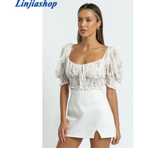 Spring summer women tops floral print fashion cropped tank top elastic vintage female shirts chic tops