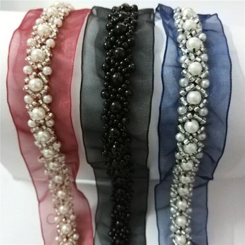 DIY Pearl Beads Lace Handmade Beaded Sewing Lace Trims Mesh Ribbon Applique for Wedding Dress Decor Craft 3cm width Mesh