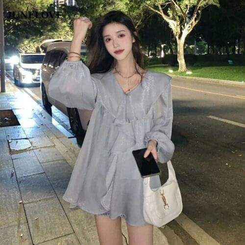 Korea Blouse Woman New Collection 2021 Autumn Casual Thin Loose Long Sleeve Chiffon Blouse Ladies Design Elegant Long Y2k Shirts