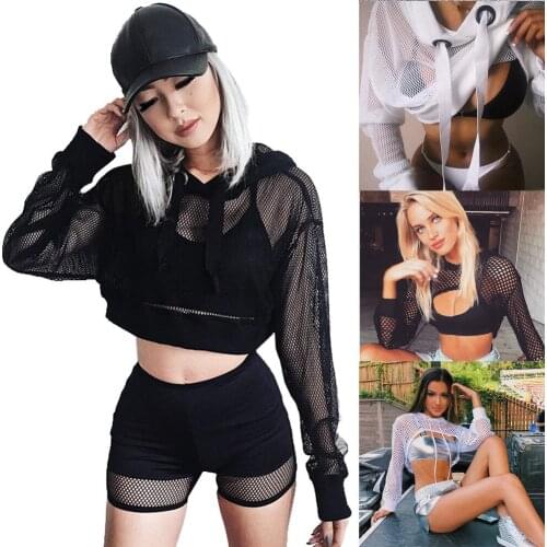 Women Net Hooded Tops Long Sleeve Rock Club Dance Gothic Fishnet T Shirt Hoodies