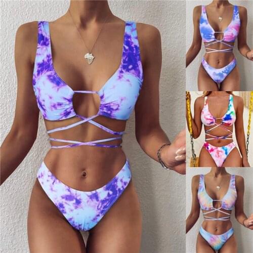 Cross Bandage Women Swimsuit Print Sexy Bikini Set 2021 Swimwear Women String Bathing Suits Woman