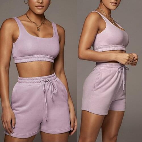 Casual Sportswear Solid Two Piece Sets Women 2021 Vest Crop Top +Drawstring Shorts Matching Suits Summer Athleisure Outfits Chi