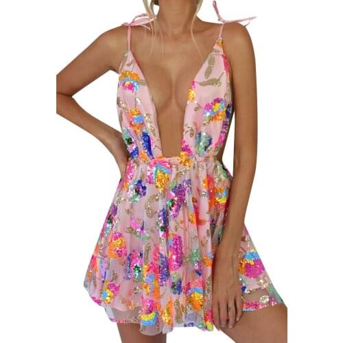 Women Backless Dress, Female Casual Summer Spring Sleeveless Deep V Neck High-Waist Sequined Casual Street Midi, Pink / White