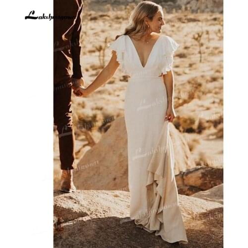 Flounced Sleeves Beach Wedding Dress Modern Deep V-Neck Chiffon Floor-Length Backless Sleeveless Sweep Train vestidos de novia
