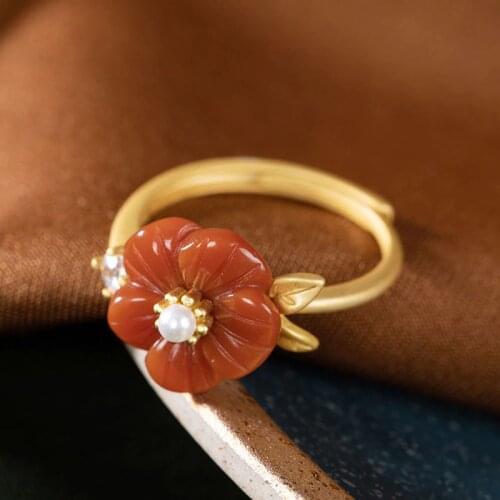 Original SNew Silver Gold Natural South Red Plum Blossom Vintage Inlaid Pearl Zircon Luxury Luxury Temperament Women Open Ring
