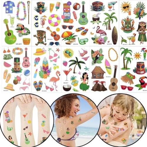 10pcs Hawaiian Theme Party Decoration Temporary Tattoo Kids Beach Birthday Party Wedding Holiday Decor Cartoon Tattoo Stickers