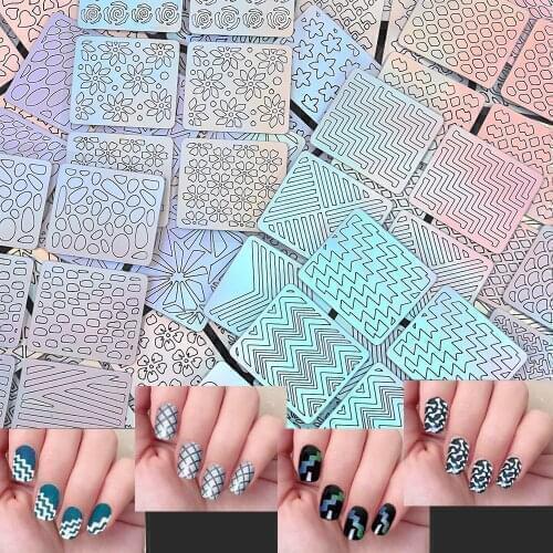12 Style Nail Vinyls Hollow Irregular Grid Stencil Stripe Line Nail Art Transfer Stickers 3D Manicure Tips DIY Decorations Tool