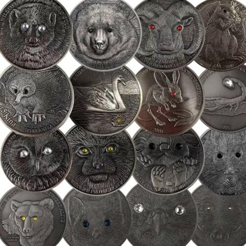 16 Type Mongolian Animal Diamond Inlaid Commemorative Coins, Zodiac Rat, Sheep and Rabbit Commemorative Medallion Collection