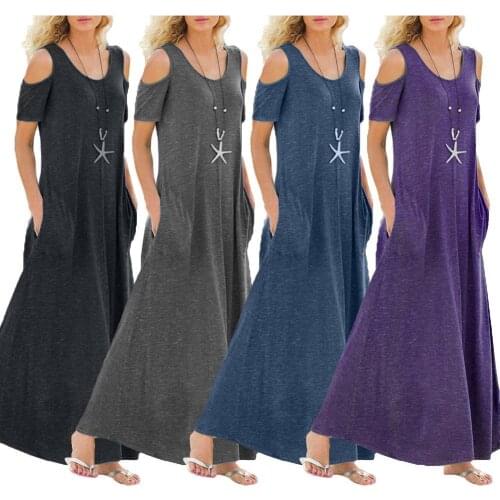 Hot Sales!!!Women Casual Solid Color Short Sleeve Cold Shoulder Pockets Large Hem Long Dress