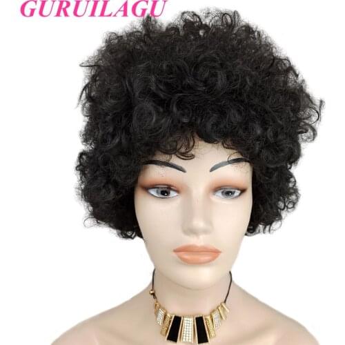 GURUILAGU Short Kinky Curly Wigs for Black Women Color Black Synthetic Wig Heat Resistant Fiber Synthetic Hair Machine Made