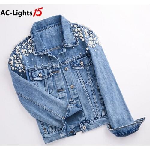 Turn-down Collar Jean Jacket for Women Pearl Beading Short Denim Jackets Loose Casual Long Sleeve Vintage Jean Coat Female