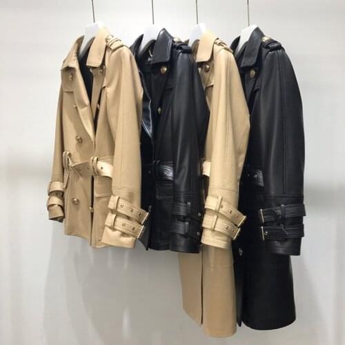 Designer genuine leather jacket women 2020 autumn winter double breasted belt sheepskin real leather trench coats S302