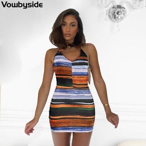 Summer Womens Sexy Bag Hip Backless Halter Lace Up Stripe Dress Above Knee Mini Dress