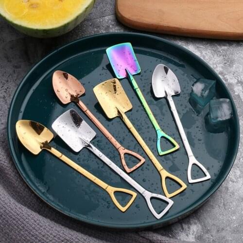 1 Set Stainless Steel Shovel Shape Spoon Tea Coffee Sugar Ice Cream Spoons Stirring Long Handle Kitchen Decoration Tableware