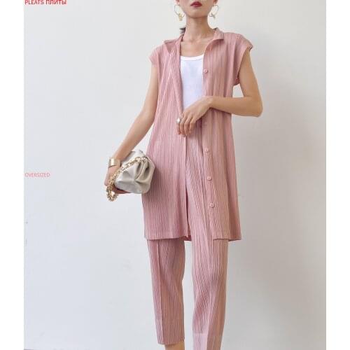Miyake Pleated Womens Fashion Small Jacket Single Breasted Large Size Slim and Straight Pantsuit Two Piece Set Trousers Set