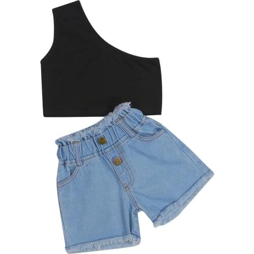 1-6Y Kids Girls Clothes Set Fashion Baby Girl Summer Solid One Shoulder top+Denim Shorts 2PCS Outfit Children Clothing Set