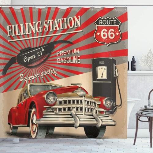 Poster Style Image Gasoline Station Commercial Route 66 Bathroom Décor Vermilion Beige