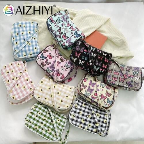 Casual Retro Mini Shoulder Bag Canvas Underarm Bag Ladies Vintage Mini Daisy Butterfly Plaid Printing Handbags