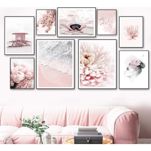 Pink Beach Flower Dahlia Peony Girl Bird Wall Art Canvas Painting Nordic Posters And Prints Wall Pictures For Living Room Decor