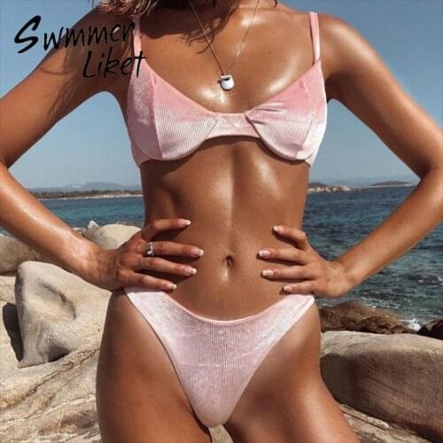 Sexy bikini 2020 High cue swimsuit women Ribbed two piece set Push up swimwear female Knot bathing suit Brazilian beach wear new