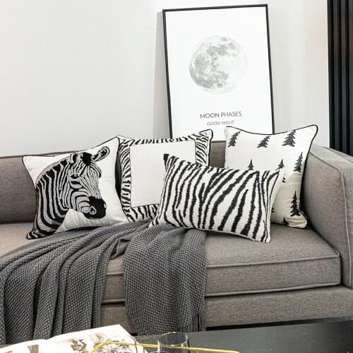 Modern Black and White Zebra Embroidery Throw Pillow Case Cushion Cover Cotton Made Fashional Pillow Sham Sofa Cushion Case