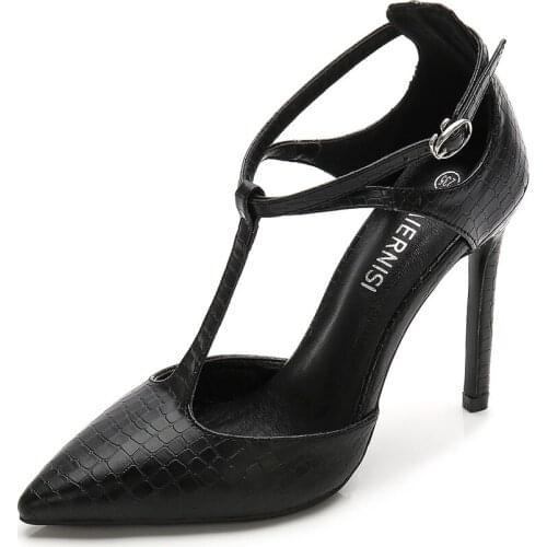 11CM elegant ladies shinning Snake pattern Red Black pumps sexy pointed toe high heels ankle strap wedding party shoes woman