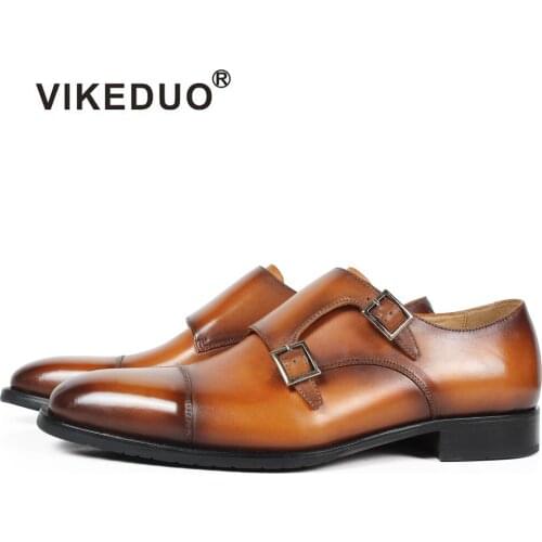 VIKEDUO Brown Wedding Dress Shoes For Men Full Grain Leather Custom-Made Double Monk Strap Mans Footwear Patina Zapato de Hombre