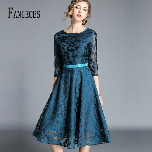 Vintage Mid-Calf A-Line summer Dress Fashion Elegant Three Quarter Sleeve party Dress Belted Slim Women Lace Dress robe femme