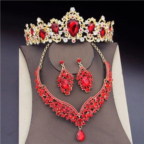 Golden Red Crystal Jewelry Sets For Women Jewelry Set Bride Bridal Wedding Crowns Queen Tiaras Earrings Necklaces Accessories
