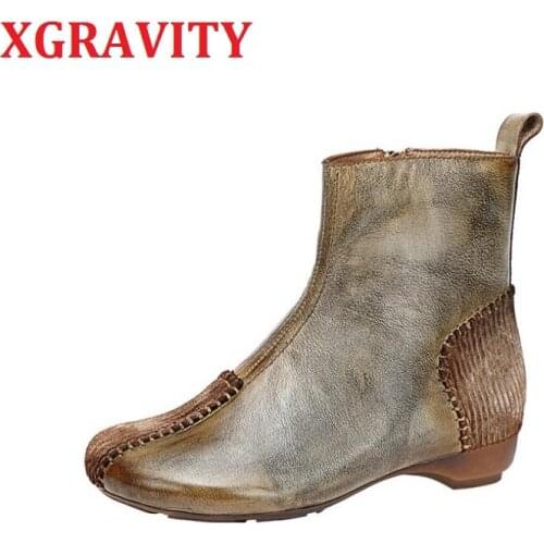 XGRAVITY 2020 Autumn Winter Original Hand-Made Cow Genuine Leather Boots Women Fashion Round Toe Short Heel Boots Zip Woman Shoe