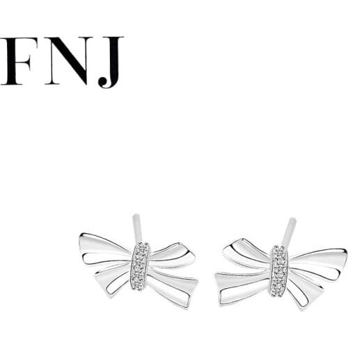 FNJ Bow Earrings 925 Silver Jewelry Original Pure S925 Sterling Silver Stud Earring for Women