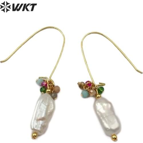 WT-E577 natural freshwater pearl Earring in drop shape colorful stone and gold bead Earring lady summer sea beach pearl Jewelrys